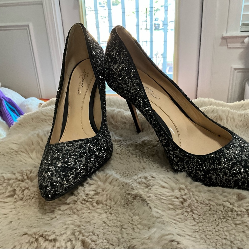 Vince Camuto Black and Silver Glitter Heels